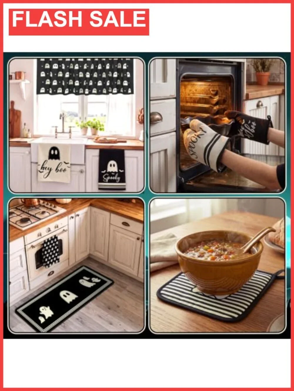 Halloween Kitchen Decor Set 16 Pc Ghost Towels Rugs Oven Mitts